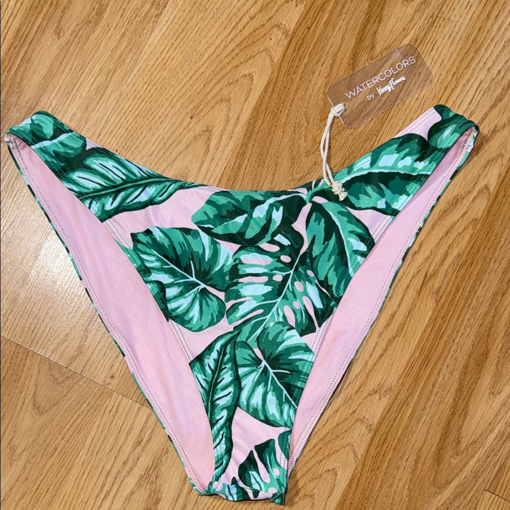 NWT Watercolors Kenny Flowers Pink Green Leaf Bikini Bottom Large Swim Beach
